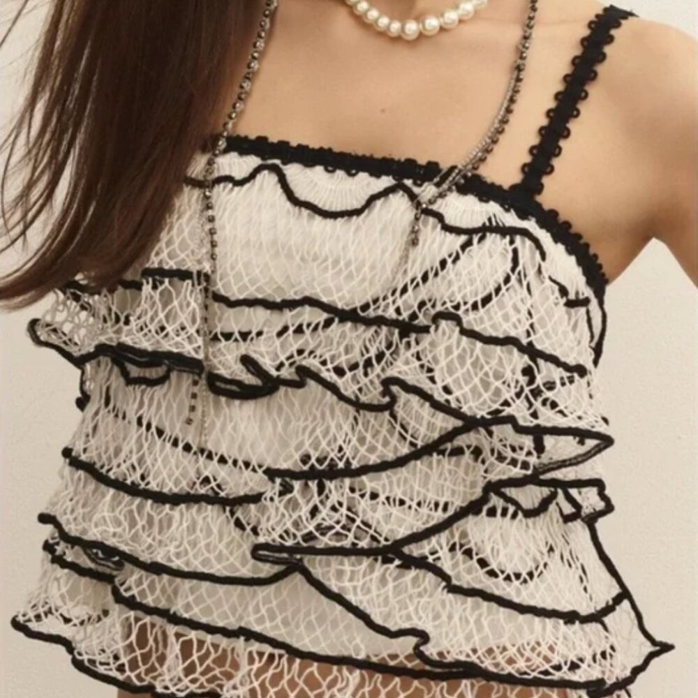 Anthropologie Black and White netted Ruffled Women's Top